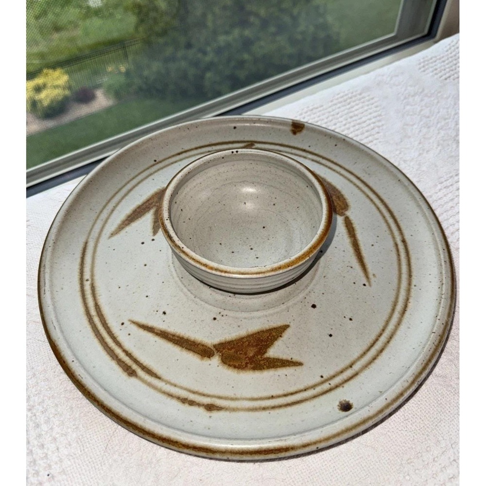 Vintage‎ Studio Pottery Chips And Dip Bowl/Platter Handmade MCM Retro